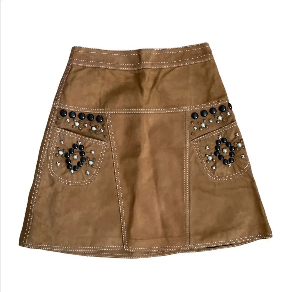 Coach Lamb Suede High Waisted Western Studded Mini Skirt Brown Tan Size 2 NWOT